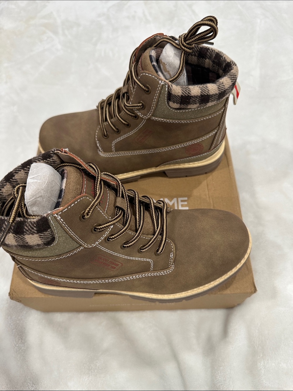 F&F Brown Lace-Up Work or hiking Boot with Plaid Collar - Picture 2 of 12